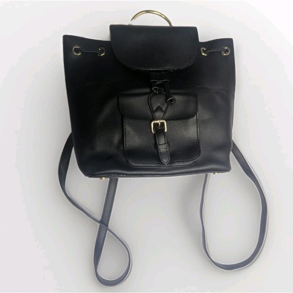 NWT Daphne Faux Leather Black Mini Backpack Gold Metal Handle Design Purse Bag